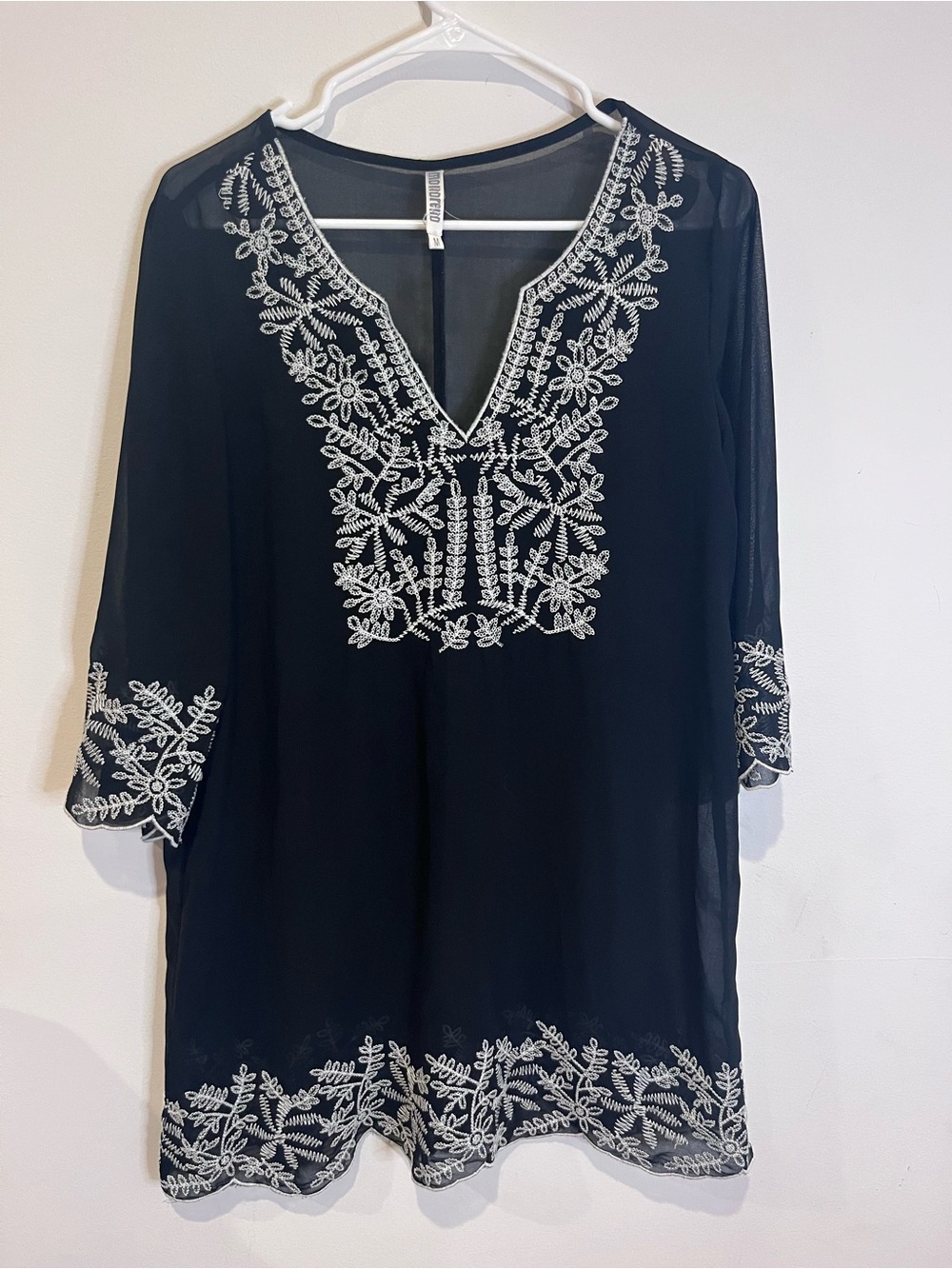 Sheer Black Beach Cover up with White Embroidered Floral Detail
